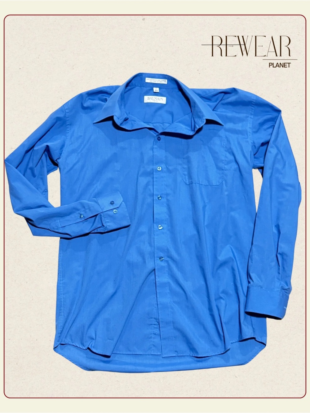 Vintage BALMAIN Paris Dress Shirt – Blue Long Sleeve Button-Up Size 16.5 36-37
